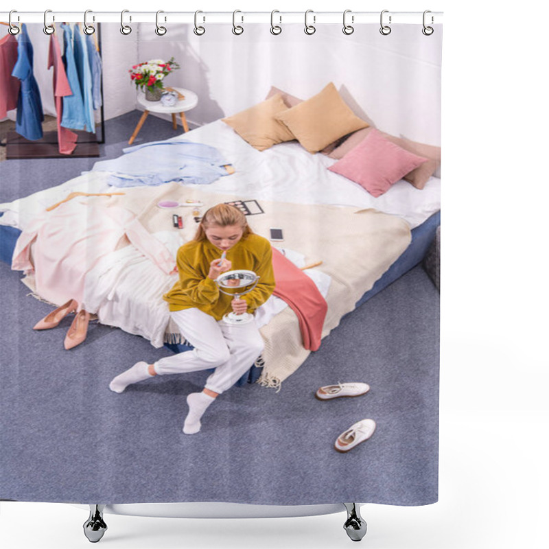 Personality  High Angle View Of Young Woman Applying Lipstick While Sitting On Bed Shower Curtains