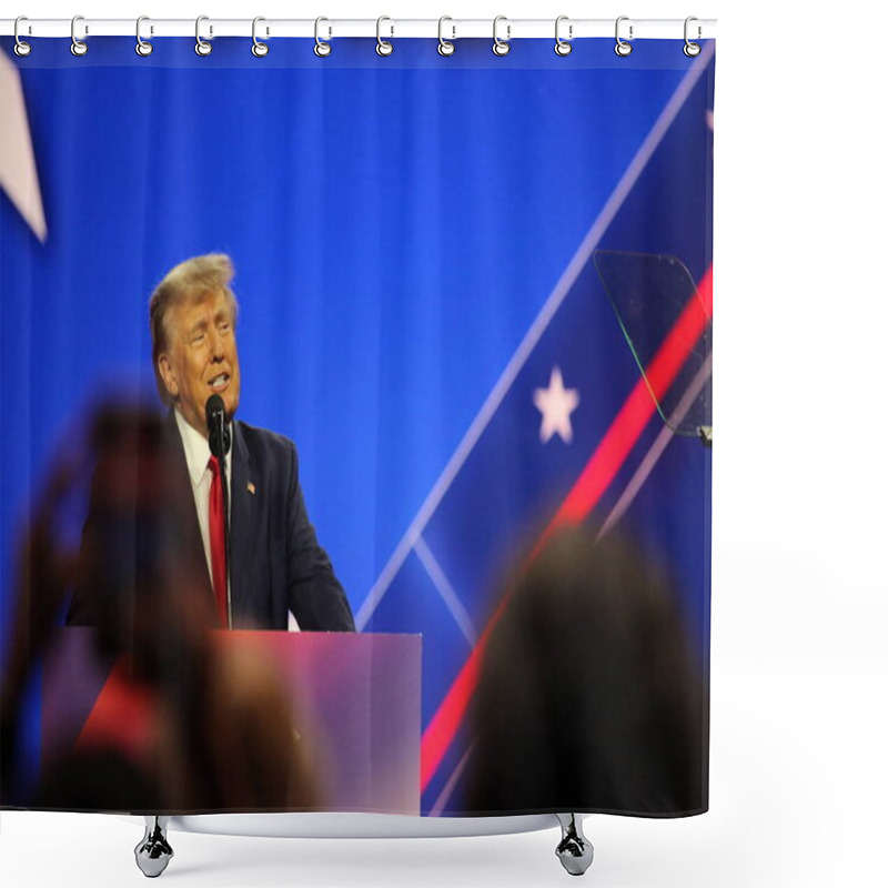 Personality  Donald J. Trump At CPAC Covention Protecting America Now In Maryland. March 04, 2023, Maryland, USA: The Former President Of USA, Donald J. Trump At The CPAC Convention  Protecting America Now Shower Curtains