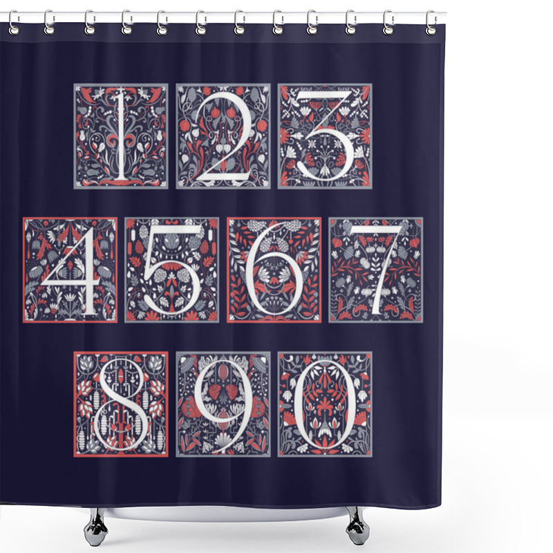 Personality  Vintage Retro Illustration Set Of Arabic Numbers Alphabet In Modern Style, Flowers, Branches And Leaves. Art Nouveau And Art Deco Style. Symmetrical Backgrounds With White, Grey, Blue And Red Colors Shower Curtains