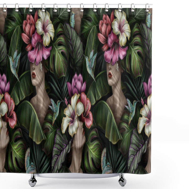 Personality  Tropical Exotic Seamless Pattern With Naked Woman, Monstera, Hibiscus, Bromeliad, Banana Leaves, Palm, Colocasia. Hand-drawn 3D Illustration. Good For Production Wallpapers, Gift Paper, Cloth, Fabric Printing.  Shower Curtains