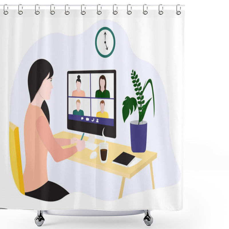 Personality  Video Conference Meeting, Vector Illustrations, Group, Chat, Talking, Work At Home, Shower Curtains