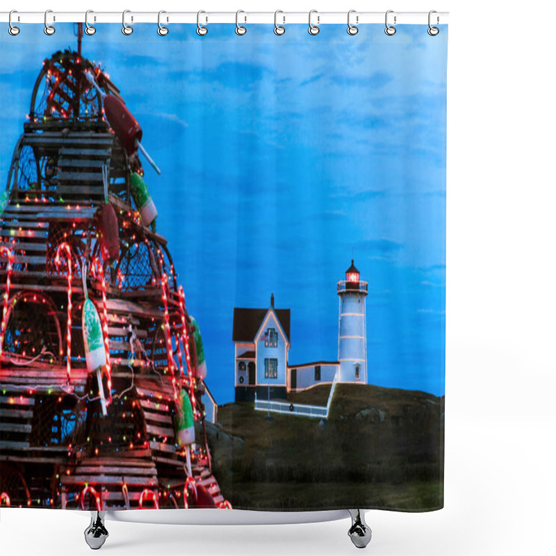 Personality  Nubble Lighthouse Is Lit Up For The Holidays In Maine With Traditional Wooden Lobster Trap Holiday Tree In The Forground. A New England Tradition. Shower Curtains