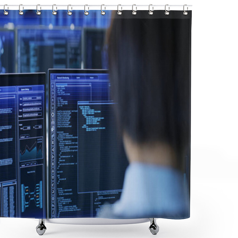 Personality  In The System Control Room Technical Operator Stands And Monitors Various Activities Showing On Multiple Displays With Graphics. Administrator Monitors Work Of  Artificial Intelligence, Big Data Mining, Neural Network, Surveillance Project. Shower Curtains