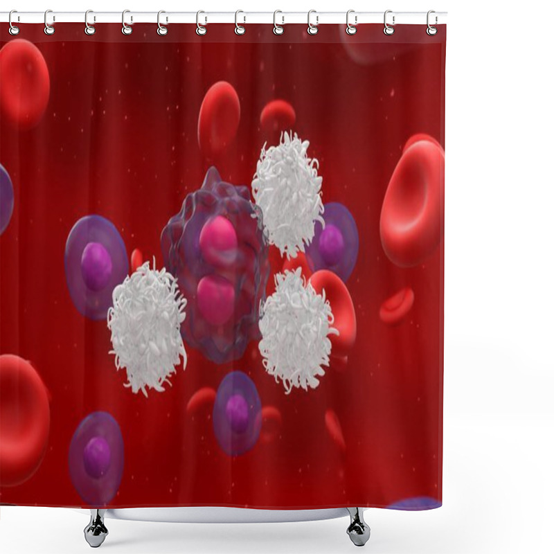 Personality  Activated T-cells Attack And Destroy A Divided Lymphoma Cell 3d Render Illustration Shower Curtains