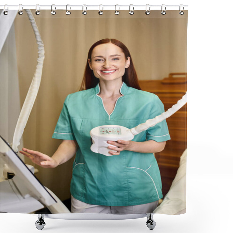 Personality  A Young Professional Shows A Dermatology Procedure With Advanced Equipment In A Clinic. Shower Curtains