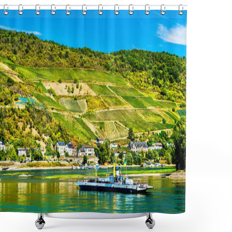 Personality  Car Ferry Across The Rhine From Niederheimbach To Lorch In Hesse And Rhineland-Palatinate, Germany Shower Curtains