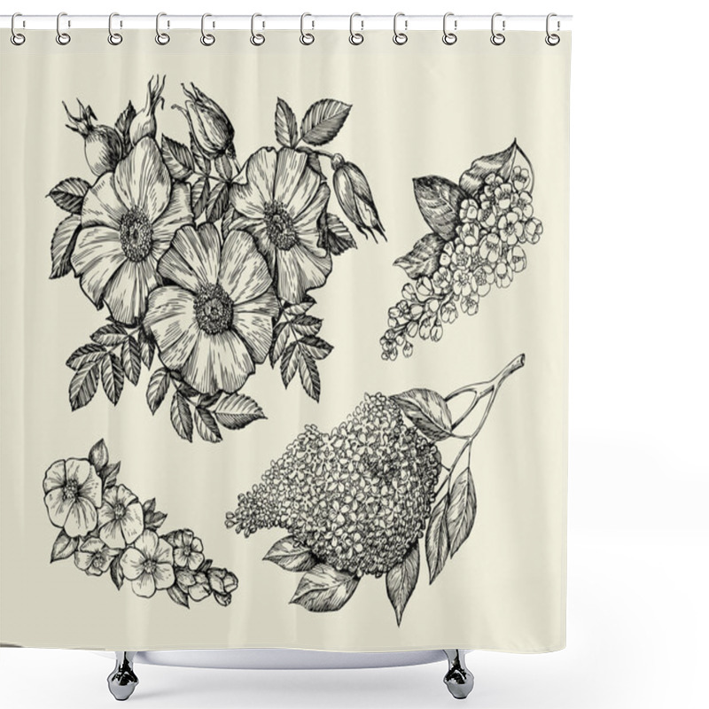 Personality  Flowers. Hand Drawn Sketch Flower, Lilac, Dogrose, Rosehip, Wild Rose. Vector Illustration Shower Curtains