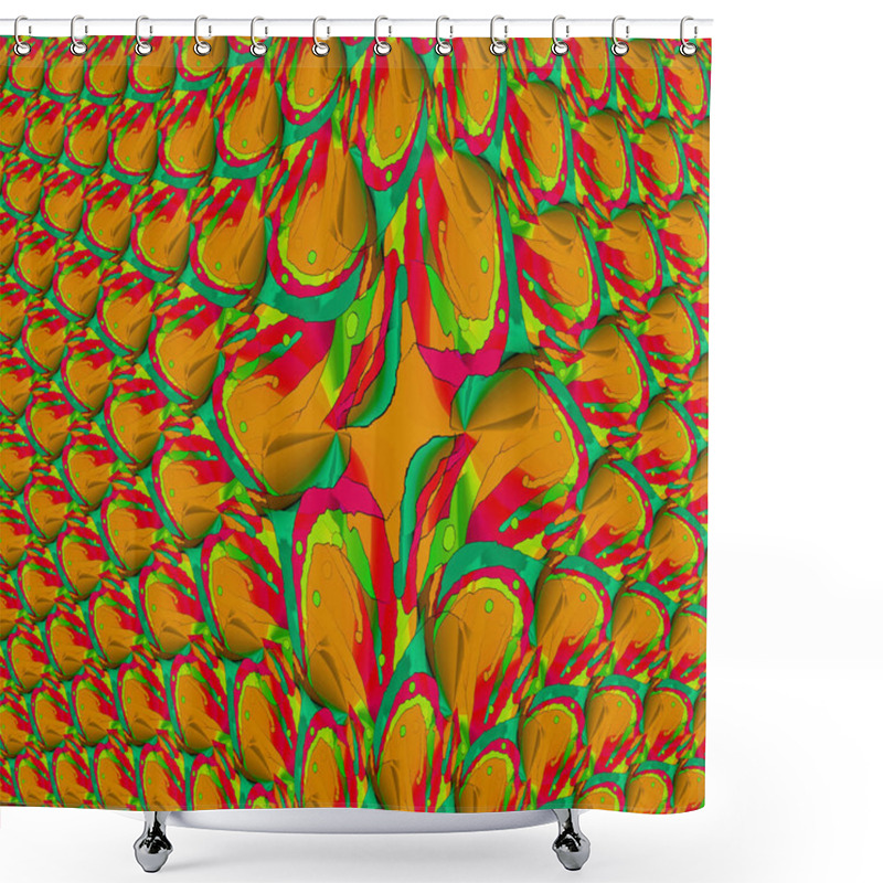 Personality  Abstract Fish Scale Pattern Orange, Ocher, Lime Green And Red, Centered And Gradient. Shower Curtains