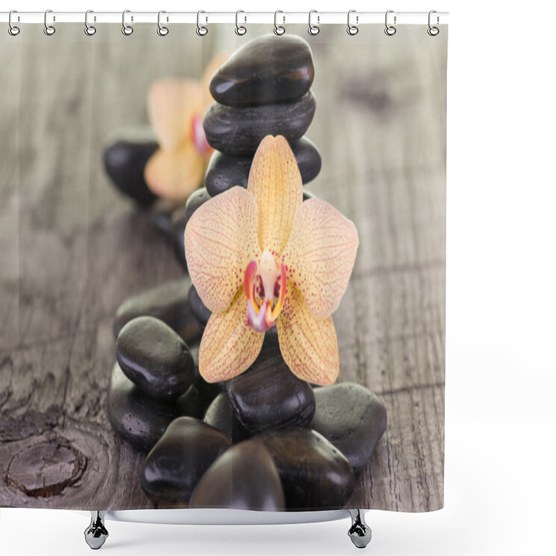 Personality  Yellow Moth Orchids And Black Stones On Weathered Deck Shower Curtains