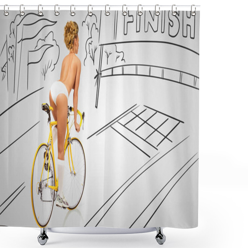 Personality  Back View Of A Sexy Pin-up Female Cyclist In White Erotic Panties Riding A Yellow Racing Bicycle On Sketchy Background Of A Race Finish Line. Shower Curtains