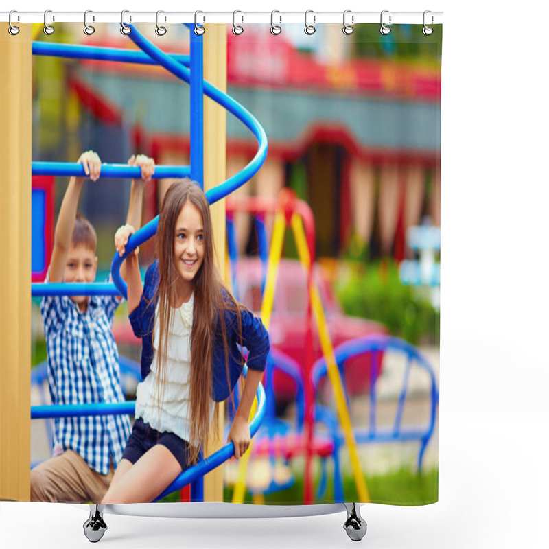 Personality  Cute Teenage Kids Having Fun On Playground Shower Curtains