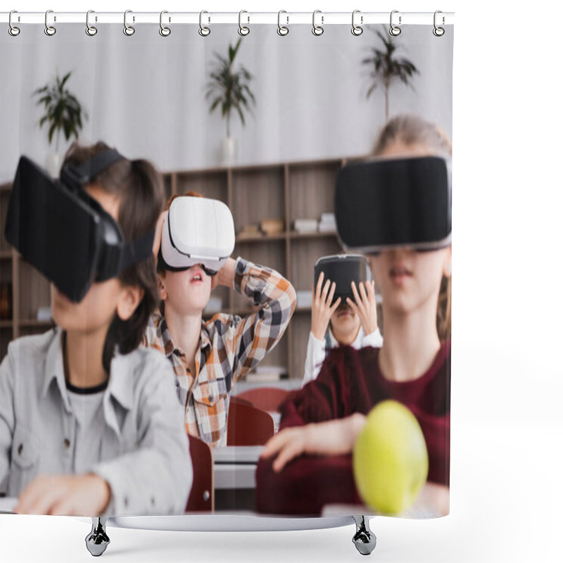 Personality  Selective Focus Of Excited Schoolkid In Vr Headset Near Pupils On Blurred Background Shower Curtains