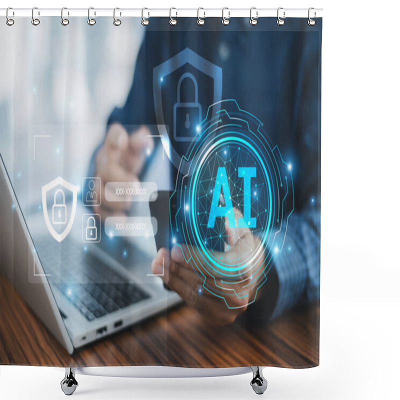 Personality  A Businessman Using AI-driven Cybersecurity Enhances Protection Against Digital Threats, Leveraging Advanced Technology For Rapid Detection And Response, Ensuring Data Security And Maintaining Client. Shower Curtains