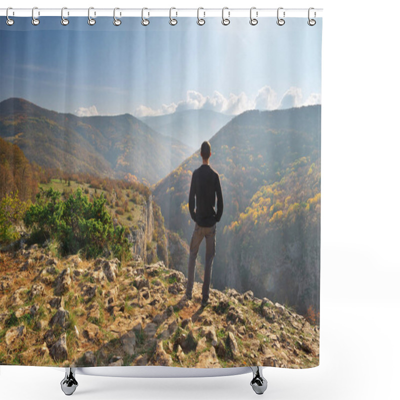 Personality  Man Standing On The Mountain Cliff Shower Curtains