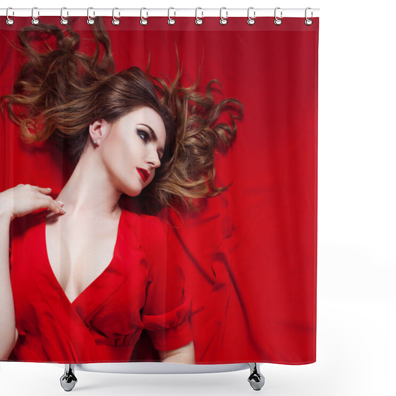 Personality  Woman In Dress  Lies On A Red Background,   Looks Right      Shower Curtains