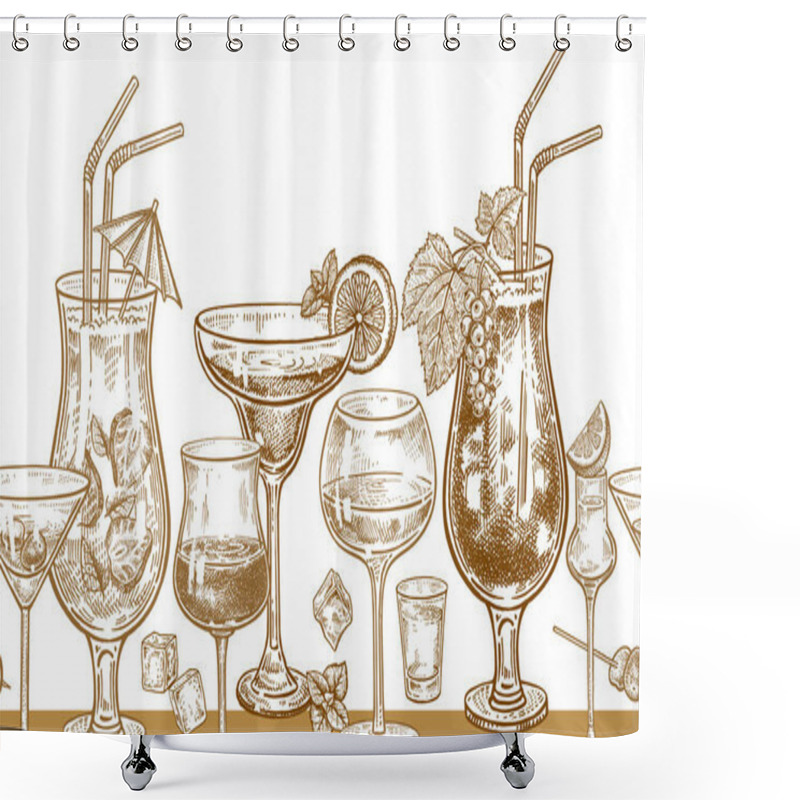 Personality  Seamless Vector Pattern With Alcohol Drinking. Cocktails, Glasses With Wine, Vodka And Tequila, Ice, Mint, Berries And Lemon. Gold And White. Vector Illustration. Vintage Engraving. Hand Drawing. Shower Curtains