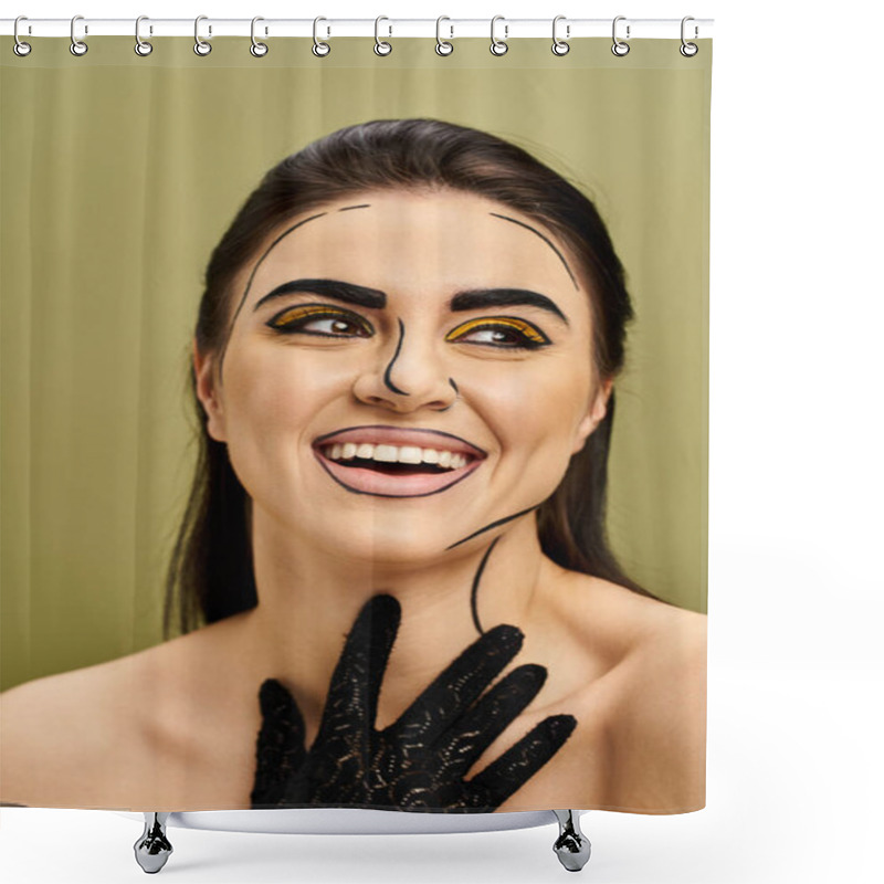 Personality  Brunette Woman Dons Pop Art Makeup, Black Gloves, And A Fake Face. Shower Curtains