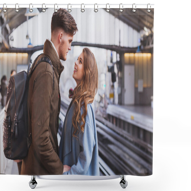 Personality  Couple On Platform At The Train Station Shower Curtains