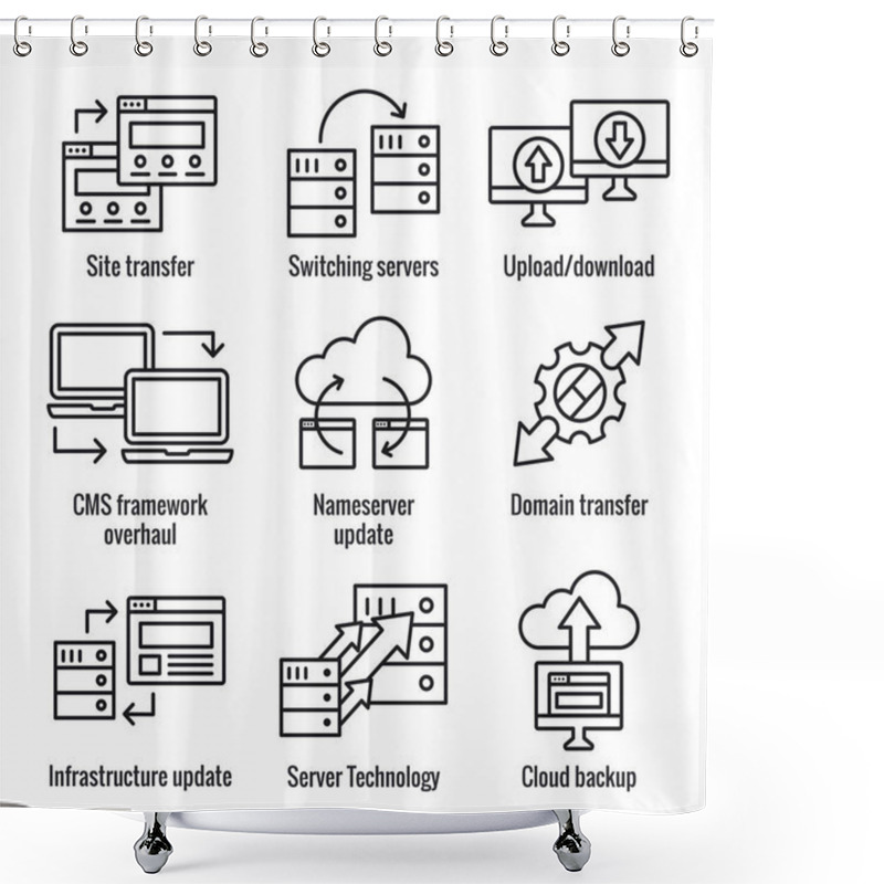 Personality  Website Data Transfer Icon Set With Laptops, Arrows, & Imagery O Shower Curtains