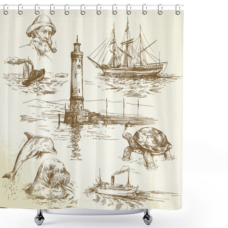 Personality  Hand Drawn Nautical Elements Shower Curtains