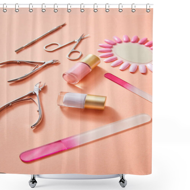 Personality  High Angle View Of Bottles And Samples Of Nail Polish With Manicure Instruments On Coral Background Shower Curtains