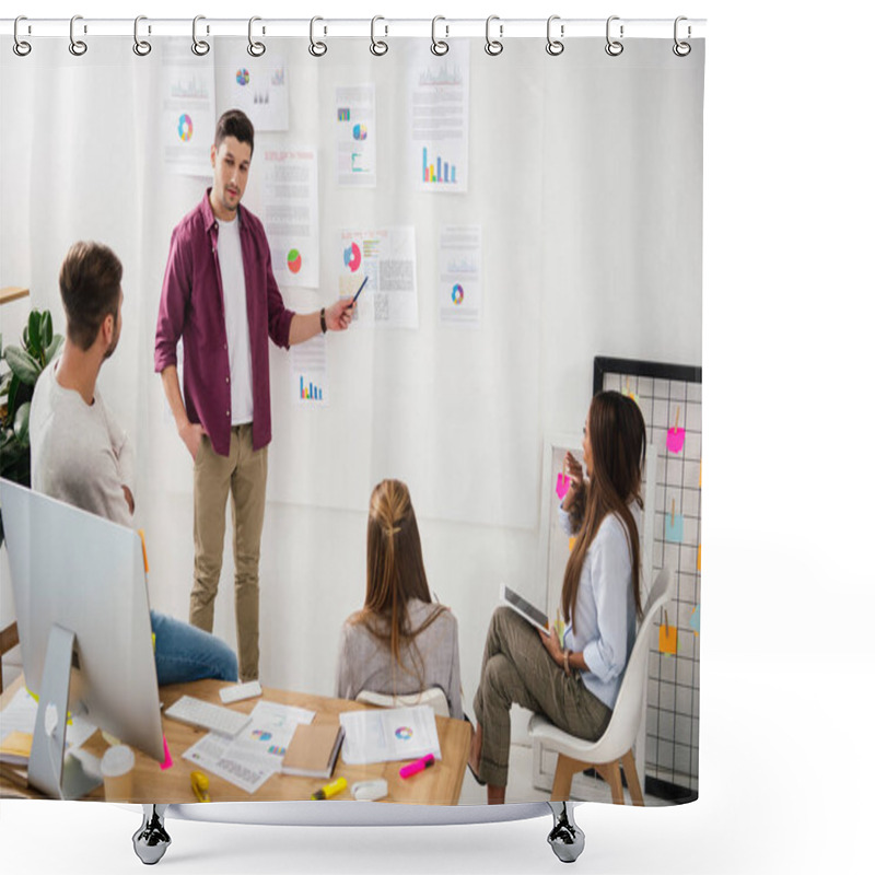 Personality  Marketing Manager Pointing At White Board With Papers On Business Meeting With Multiethnic Colleagues Shower Curtains