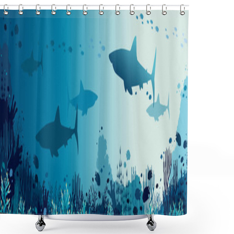 Personality  Silhouette Of Big Sharks, Coral Reef And Tropical Fishes In A Blue Sea Background. Vector Panoramic Illustration. Underwater Nature And Marine Wildlife.  Shower Curtains