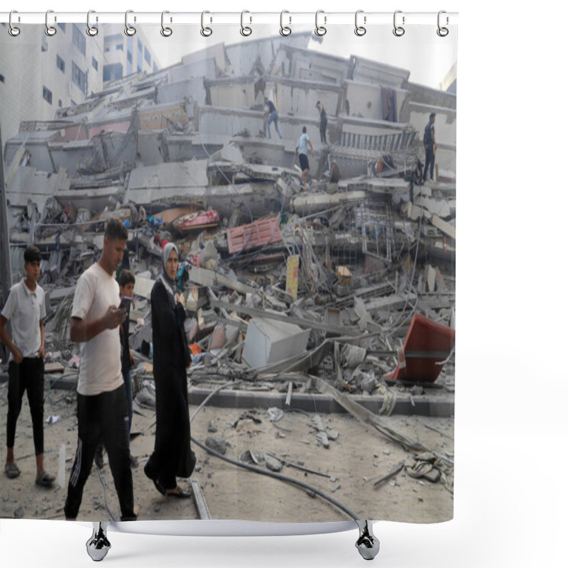 Personality  Palestinians Inspect The Ruins Of The Watan Tower, Which Was Destroyed By Israeli Air Strikes In Gaza City,  October 8, 2023. Gaza, Palestine: Palestinians Inspect The Ruins Of The Watan Tower, Which Was Destroyed By Israeli Air Strikes In Gaza Shower Curtains