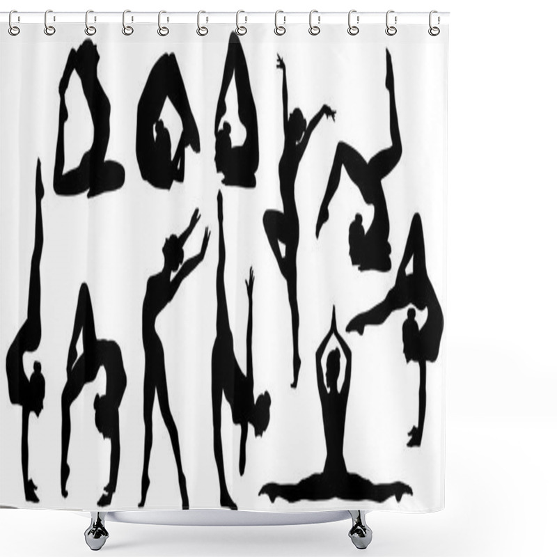 Personality  Gymnastics Poses Silhouette, Set Of Flexible Gymnast Exercise, Acrobat Back Bend And Hand Stand Pose Shower Curtains