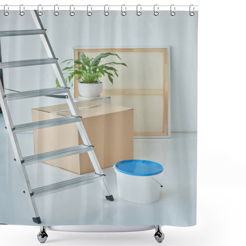 Personality  Close Up View Of Ladder, Plastic Bucket On Paint, Houseplant And Cardboard Box In New Home Shower Curtains