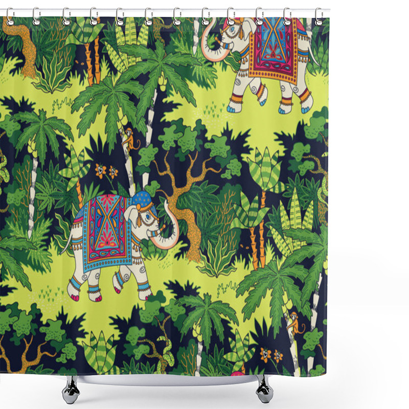 Personality  Indian Elephants Decorated In Traditional Style Walking In The Jungle. Seamless Pattern For Textile And Design Shower Curtains