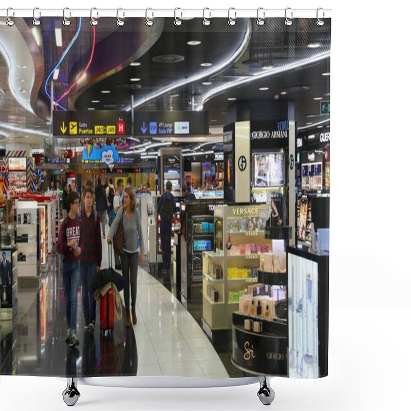 Personality  MADRID, SPAIN - DECEMBER 6, 2016: Passengers Visit Duty Free Shops At Madrid Barajas Airport In Spain. It Is One Of Busiest Airports In Europe. It Is Managed By AENA. Shower Curtains