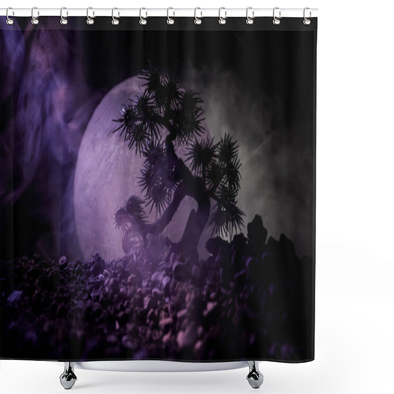 Personality  Silhouette Tree On Full Moon Background. Full Moon Rising Above Japanese Style Tree Against Toned Foggy Sky. Shower Curtains