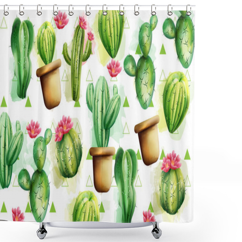 Personality  Cactus Pattern With Green Triangles In Background. Cactus With Flowers Shower Curtains