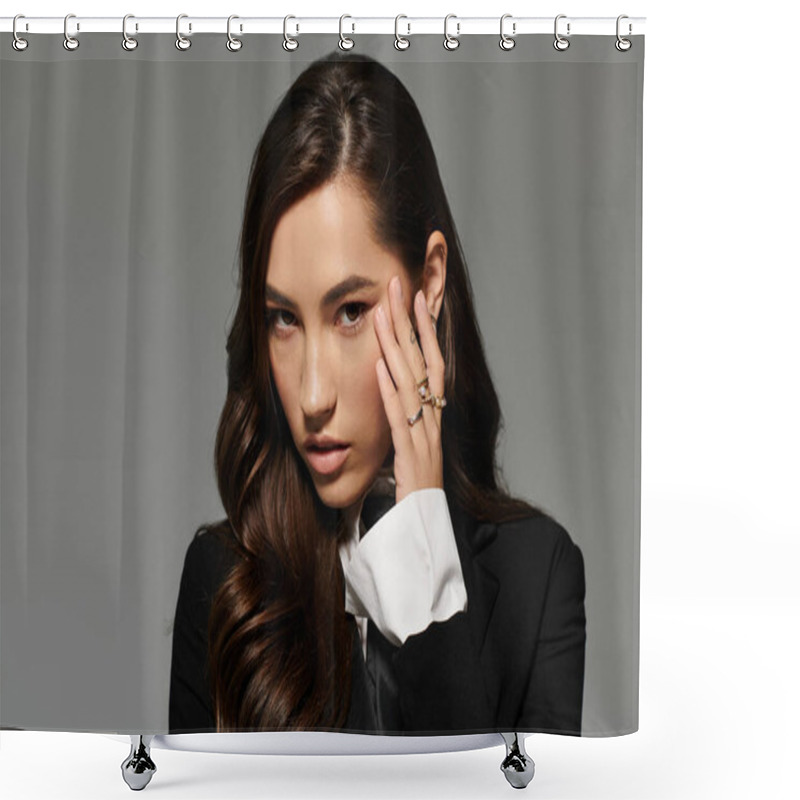 Personality  A Stunning Woman With Long Brown Hair Poses In A Chic Outfit Against A Grey Backdrop. Shower Curtains