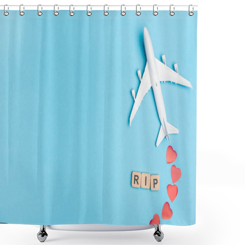 Personality  Top View Of Plane Model, Word Rip And Red Hearts On Blue Background Shower Curtains