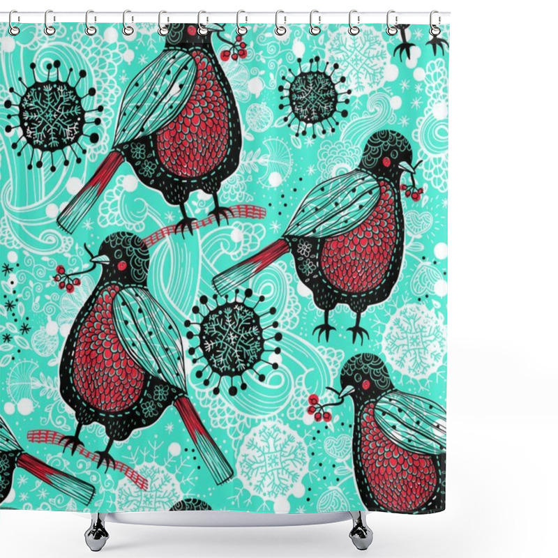 Personality  Christmas Vector Seamless Pattern With Funny Birds And Abstract Snowflakes Shower Curtains