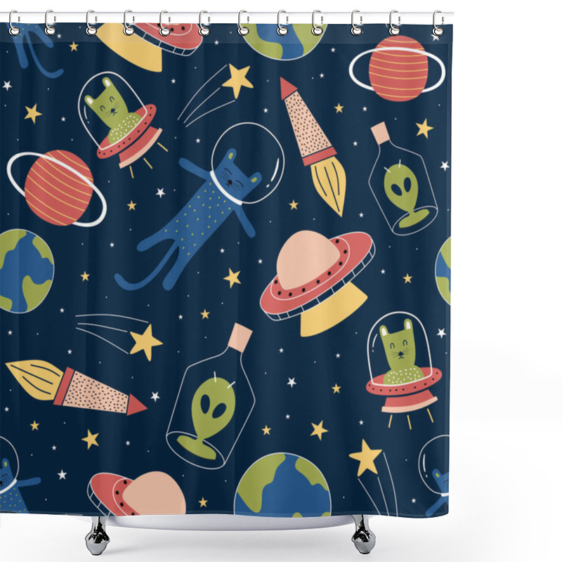 Personality  Seamless Pattern With Cute Funny Aliens And Cat On Galaxy With Earth, Planet, And Stars. Background For Children, Kids, Baby Fashion Apparel Textile Print Vector Illustration. Shower Curtains