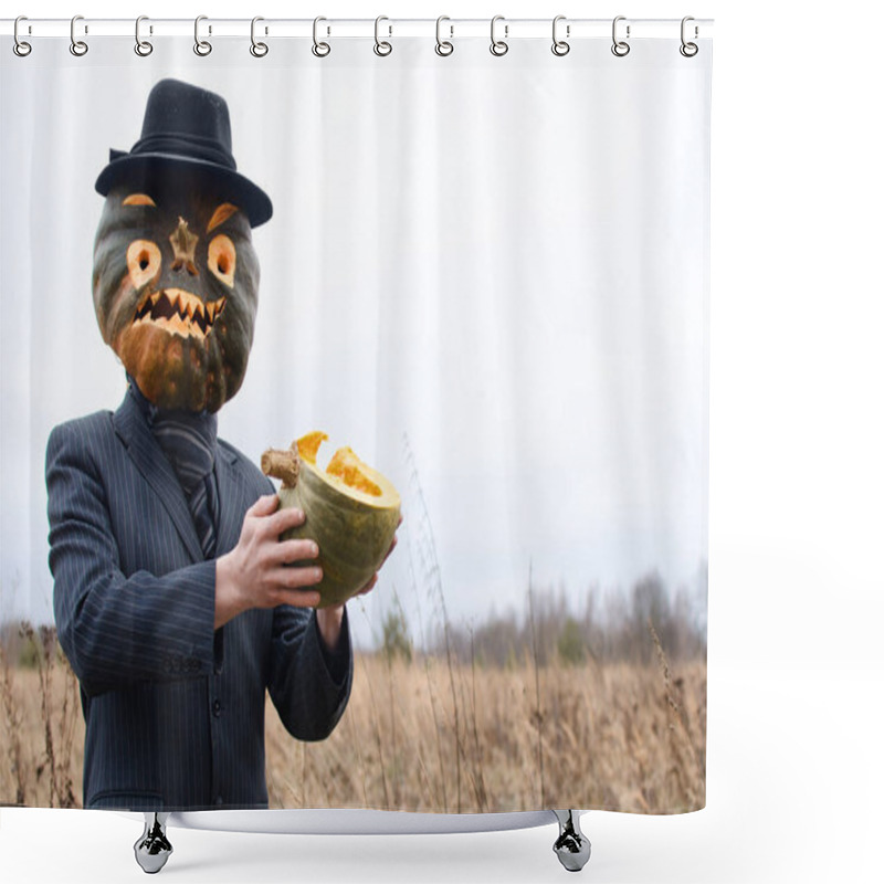 Personality  Man In A Fancy Dress Is Celebrating Halloween And Showing A Cut Up Ripe Pumpkin Shower Curtains