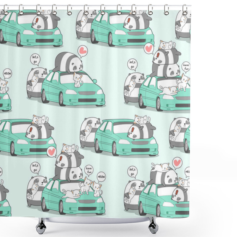 Personality  Seamless Kawaii Panda And Cats With Car In Holiday Pattern Shower Curtains