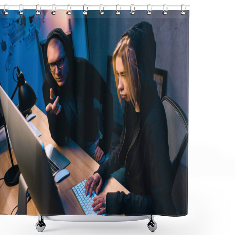 Personality  Confident Couple Of Hackers Working On Malware Together Shower Curtains