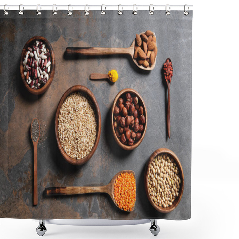 Personality  Top View Of Wooden Bowls And Spoons With Superfoods, Legumes And Grains On Table Shower Curtains