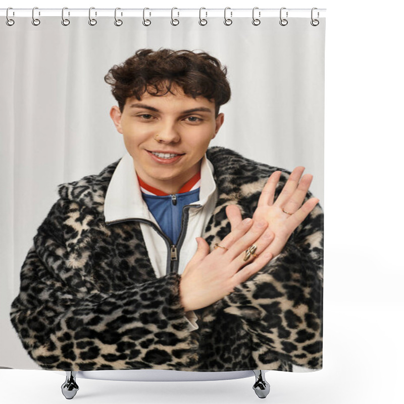 Personality  Handsome Man In A Bold Outfit Poses Confidently In A Bright, Modern Studio Space. Shower Curtains