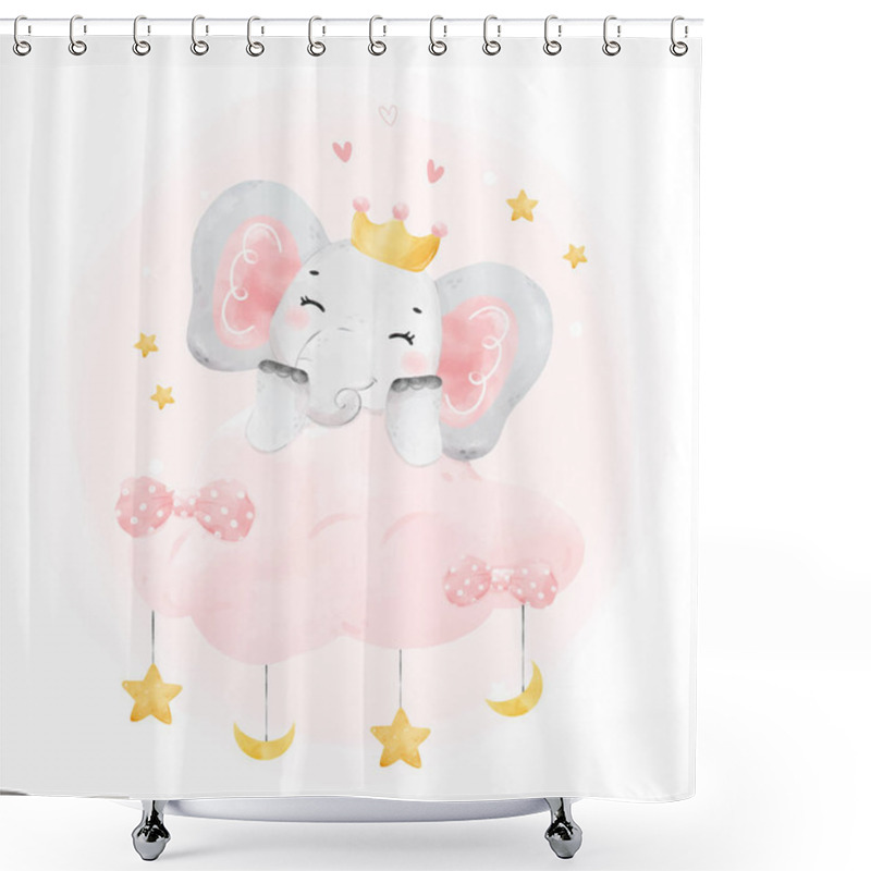 Personality  Cute Happy Cheerful Smile Baby Pink Elephant Girl On Night Pink Cloud, Adorable Nursery Birthday Wildlife Animal Watercolur Cartoon Illustration Shower Curtains