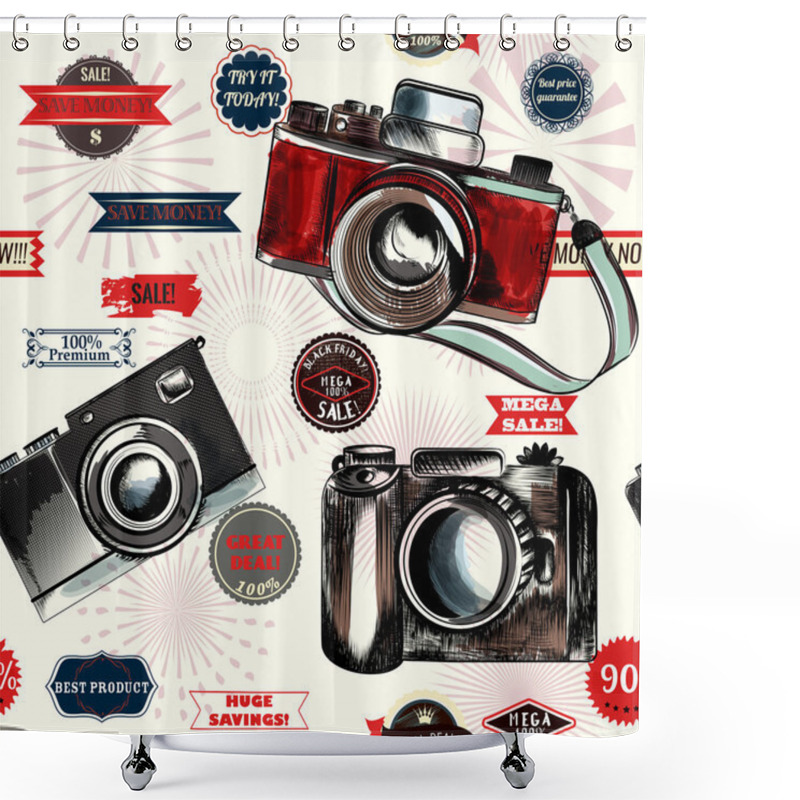 Personality  Seamless Background With Labels And Hand Drawn Cameras Shower Curtains