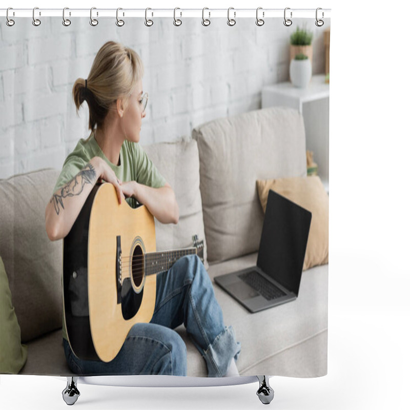 Personality  Young Woman In Glasses With Bangs And Tattoo Holding Acoustic Guitar And Learning How To Play While Looking Video Tutorial On Laptop With Blank Screen And Sitting On Comfortable Couch In Living Room Shower Curtains