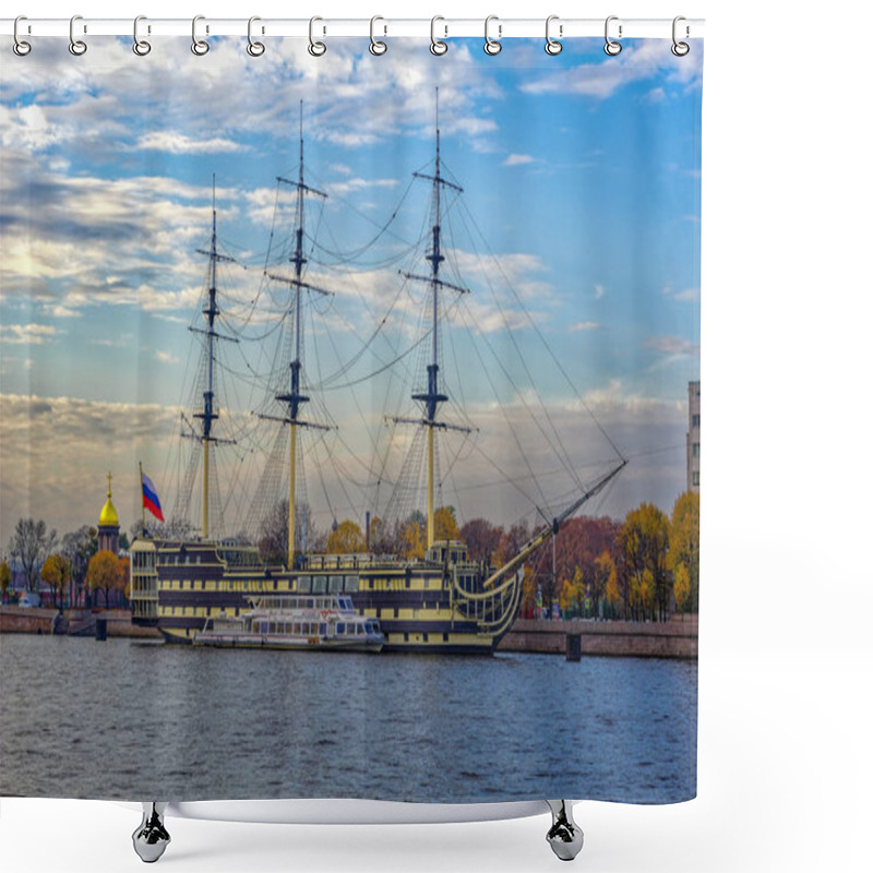 Personality  SAINT-PETERSBURG, RUSSIA - Oct 17, 2018: A Former Blagodat ('Grace') Frigate Which Now Serves As A Restaurant Docked On The Petrovskaya Embankment Of River Neva In Saint-Petersburg. Shower Curtains