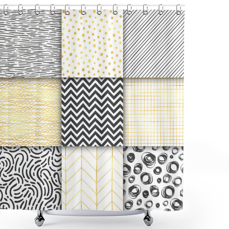 Personality  Abstract Hand Drawn Geometric Simple Minimalistic Seamless Patterns Set. Black And White, Golden Background Collection. Polka Dot, Stripes, Waves, Random Symbols Textures. Vector Illustration Shower Curtains