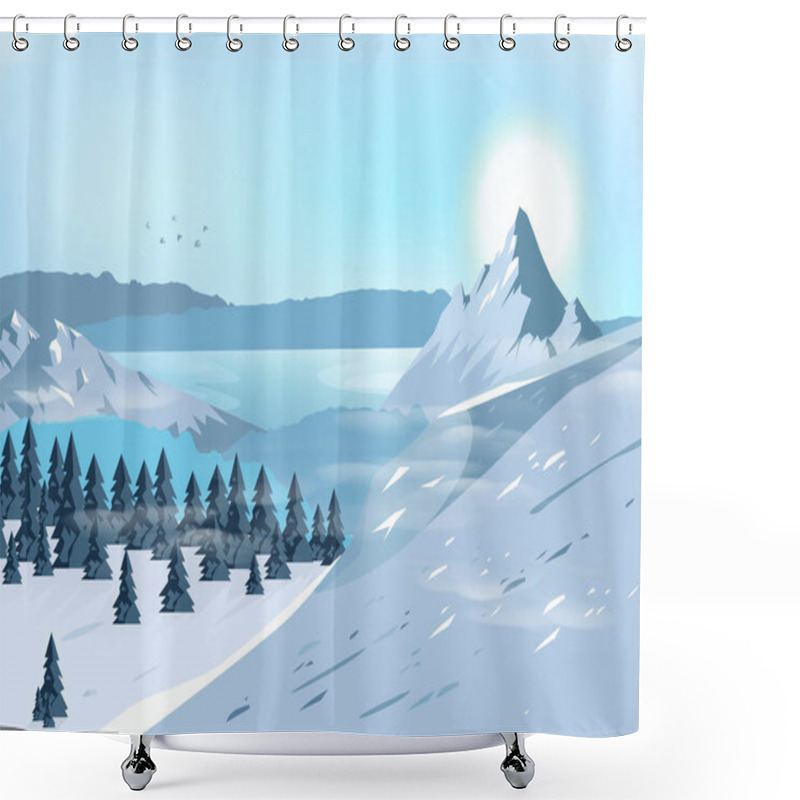 Personality  Mountains Landscape, Travel And Adventure Natural Concept Postcard Vector Abstract Background Illustration In Horizontal Shower Curtains