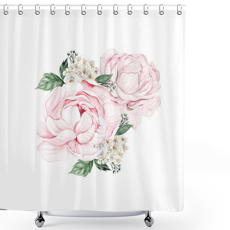 Personality  Card With Peonies, Can Be Used As Greeting Card, Invitation Card For Wedding, Birthday And Other Holiday And Summer Background. Watercolor Illustration Shower Curtains